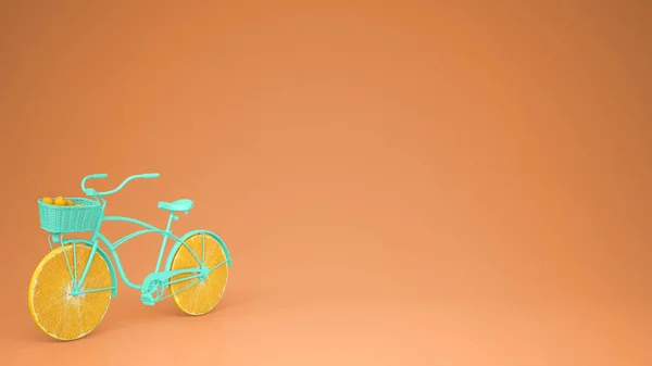 Turquoise bike with sliced orange wheels, healthy lifestyle concept with orange pastel background copy space