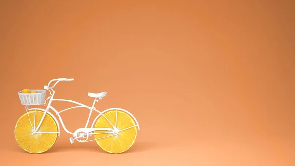 Witte Fiets Met Gesneden Oranje Wielen Gezonde Levensstijl Concept Met — Stockfoto
