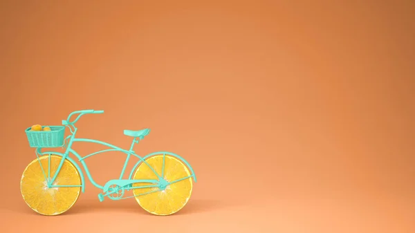 Turquoise bike with sliced orange wheels, healthy lifestyle concept with orange pastel background copy space