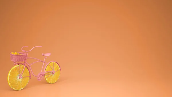 Roze Fiets Met Gesneden Oranje Wielen Gezonde Levensstijl Concept Met — Stockfoto