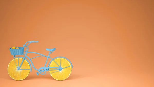 蓝色自行车与切片橙色轮子 健康生活方式概念以橙色柔和的背景拷贝空间 — 图库照片