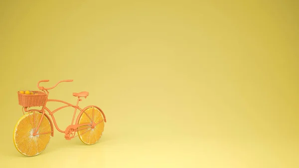 Orange bike with sliced orange wheels, healthy lifestyle concept with yellow pastel background copy space