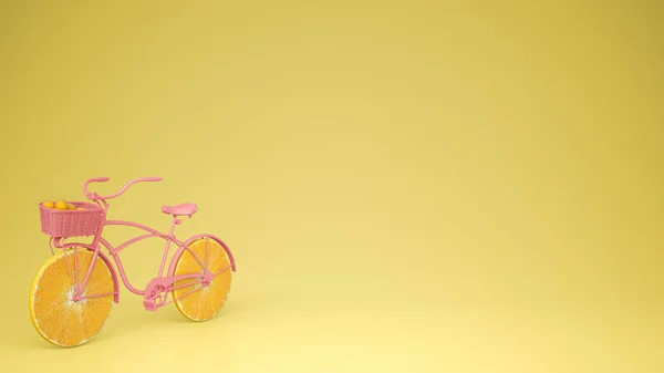 Roze Fiets Met Gesneden Oranje Wielen Gezonde Levensstijl Concept Met — Stockfoto