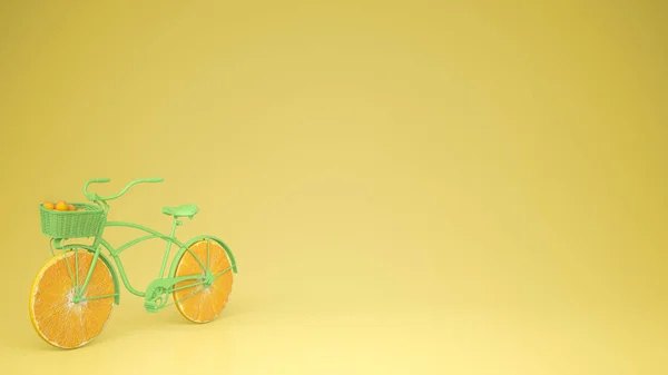 Bicicleta Verde Com Rodas Laranja Fatiadas Conceito Estilo Vida Saudável — Fotografia de Stock