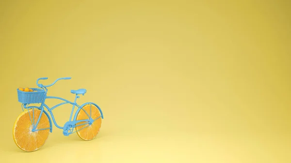 Blauwe Fiets Met Gesneden Oranje Wielen Gezonde Levensstijl Concept Met — Stockfoto