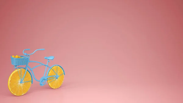 Blauwe Fiets Met Gesneden Oranje Wielen Gezonde Levensstijl Concept Met — Stockfoto