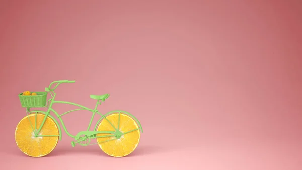 Groene Fiets Met Gesneden Oranje Wielen Gezonde Levensstijl Concept Met — Stockfoto