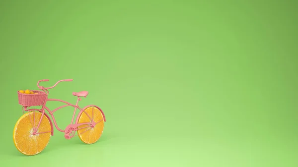 Bicicleta Rosa Com Rodas Laranja Fatiadas Conceito Estilo Vida Saudável — Fotografia de Stock