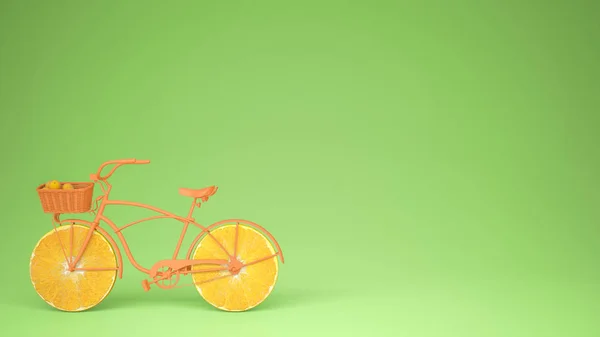 健康的なライフ スタイル コンセプト グリーン パステル背景コピー スペースとスライスしたオレンジ色の車輪とオレンジ色の自転車 — ストック写真