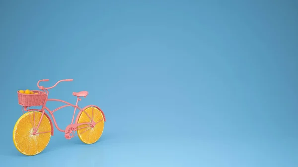 Roze Fiets Met Gesneden Oranje Wielen Gezonde Levensstijl Concept Met — Stockfoto