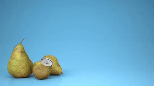 Fresh pear juice in pear can and pears, over blue background with copy space, natural drink concept idea