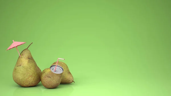 Fresh pear juice in pear can and pears, little umbrella and drinking straw, over green background with copy space, natural drink concept idea