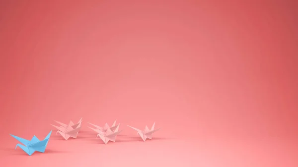 Origami Blauen Papierkran Führende Gruppe Von Kranichen Führung Motivationskonzept Idee — Stockfoto