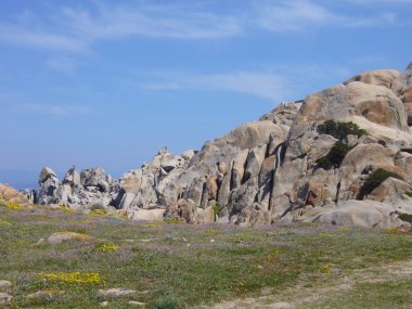 Granit kayalar Akdeniz bitki örtüsü ile Capo Testa, Santa Teresa Gallura, İtalya