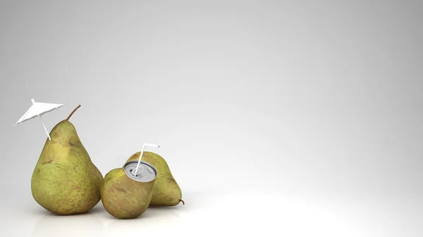 Fresh pear juice in pear can and pears, little umbrella and drinking straw, over white background with copy space, natural drink concept idea