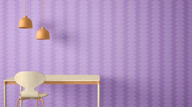 Minimalist mimar tasarımcı kavramı, tablo masa ve sandalye, mutfak veya ofis lambaları kopya alanı ile geometrik duvar kağıdı arka plan, turuncu ve pembe pastel iç tasarım fikri üzerine