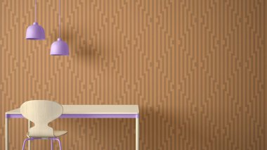 Minimalist mimar tasarımcı kavramı, tablo masa ve sandalye, mutfak veya ofis lambaları kopya alanı ile geometrik duvar kağıdı arka plan, turuncu ve Mor pastel iç tasarım fikri üzerine