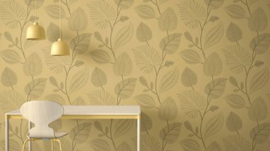 Minimalist mimar tasarımcı kavramı, tablo masa ve sandalye, mutfak veya ofis lambaları çiçek duvar kağıdı arka plan, sarı pastel iç tasarım fikri ile kopya alanı üzerine