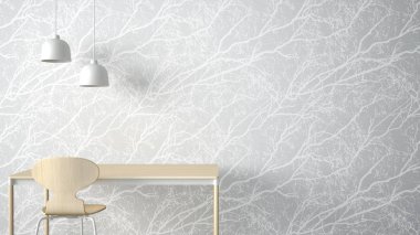 Minimalist mimar tasarımcı kavramı, tablo masa ve sandalye, mutfak veya ofis lambaları ile orman duvar kağıdı üzerinde arka plan, beyaz dekorasyon fikir kopya alanı ile çırpı