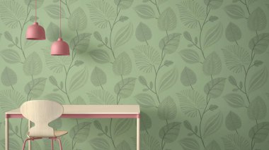 Minimalist mimar tasarımcı kavramı, tablo masa ve sandalye, mutfak veya ofis lambaları kopya alanı ile çiçek duvar kağıdı arka plan, yeşil ve pembe pastel iç tasarım fikri üzerine