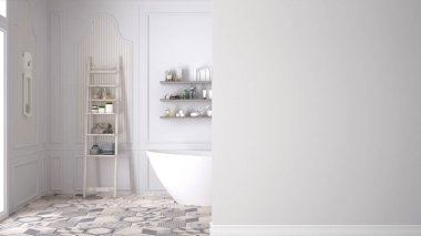 Klasik banyo iç tasarım mimari konsepti kopya alanı, boş arka plan ile ön plan duvarda