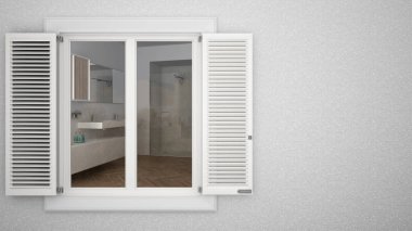 Panjurlar, iç modern banyo lavabo ve duş, boş arka plan kopya alanı, mimari tasarım konsepti ile gösterilen ile beyaz pencere ile dış cephe sıva duvar