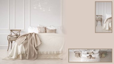 Klasik yatak odası tanıtımı kopya alanı ve ayrıntıları closeup, mimar iç tasarım konsepti fikir, örnek metin alanı ile