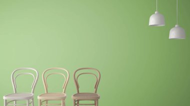 Minimalist mimar tasarımcı konseptiyle üç klasik ahşap sandalye ve kolye lambaları yeşil arka planda, kopya alanı ile oturma odası iç tasarım