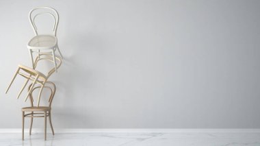 En az üç klasik ahşap sandalye beyaz zemin ve mermer zemin, oturma odası iç tasarım kopya alanı ile dengede asılı ile tasarımcı kavramı mimar