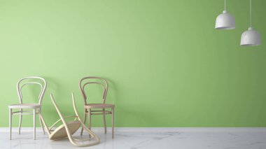 Minimalist mimar tasarımcı konseptiyle üç klasik ahşap sandalyeler, yeşil renkli ve mermer zemin, oturma odası iç tasarım kopya alanı ile teslim bir sandalye