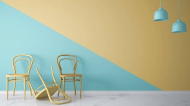 Üç klasik renkli sandalye ile minimalist mimar tasarımcı kavramı, bir sandalye açık mavi mor ve sarı arka plan ve mermer zemin, kopya alanı ile oturma odası iç tasarım