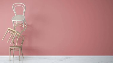 En az üç klasik ahşap sandalye pembe bir arka plan ve mermer zemin, oturma odası iç tasarım kopya alanı ile dengede asılı ile tasarımcı kavramı mimar