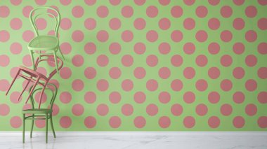 En az üç klasik ahşap sandalye yeşil pembe nokta arka plan ve mermer zemin, oturma odası iç tasarım ile kopya alanı ile dengede asılı ile tasarımcı kavramı mimar