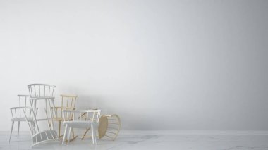 Mermer zemin, mimar tasarım konsepti, tasarım kopya alanı ile boş arka plan ile çağdaş boş iç grup beyaz modern İskandinav klasik ve kayalık sandalye yığılmış