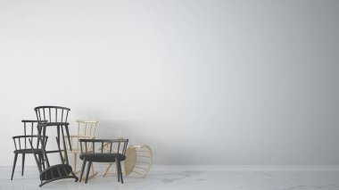 Mermer zemin, mimar tasarım konsepti, tasarım kopya alanı ile boş arka plan ile çağdaş boş iç grup gri modern İskandinav klasik ve kayalık sandalye yığılmış