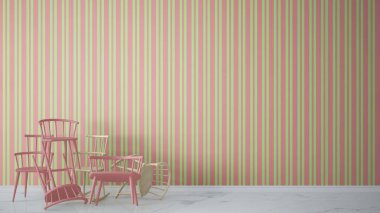 Mermer zemin, mimar tasarımcı kavramı, pembe ve yeşil bir arka plan tasarımı ile çağdaş boş iç grup modern İskandinav klasik ve kayalık sandalye yığılmış