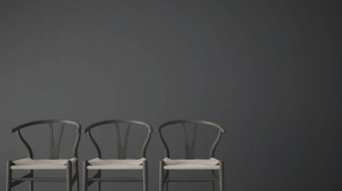 Minimalist mimar tasarım konsepti ile üç klasik gri pastel sandalye oturma odası iç tasarım kopya alanı ile karanlık tek renkli arka plan üzerinde