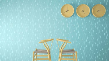 Minimalist mimar tasarımcı kavramı, mavi geometrik duvar kağıdı arka plan, İç Mimarlık fikir kopya alanı ile üzerinde bekleyen oturma odası ile sarı klasik ahşap sandalye ve Duvar saatler