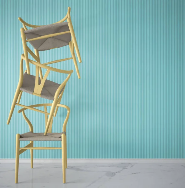Minimalist Architect Designer Concept Three Classic Yellow Wooden Chairs Hanging — Stock Photo, Image