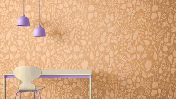 Minimalist architect designer concept, table desk and chair, kitchen or office with lamps on floral wallpaper background, orange and violet pastel interior design idea with copy space