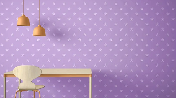 ミニマルな建築家デザイナー コンセプト テーブル デスクと椅子 キッチンやコピー スペースと星空の壁紙背景 バイオレット オレンジ パステル調のインテリア デザインのアイデアのランプが付いているオフィス — ストック写真