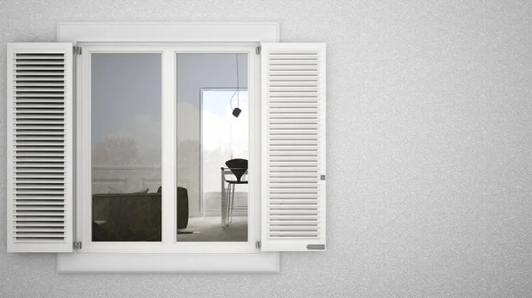Tynki Zewnętrzne Ściany Białe Okna Okiennicami Wyświetlone Wnętrze Salonu Puste — Zdjęcie stockowe