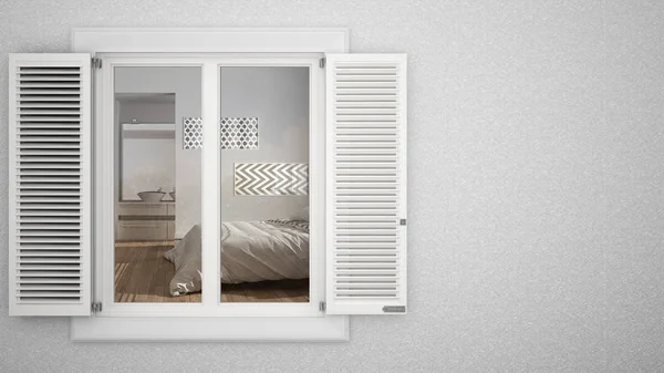 Panjurlar Gösteren Modern Yatak Odası Kopya Alanı Mimari Tasarım Konsepti — Stok fotoğraf