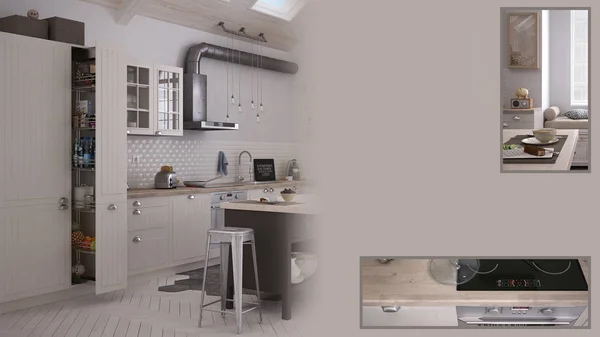 Scandinavian kitchen presentation with copy space and details closeup, architect interior designer concept idea, sample text space