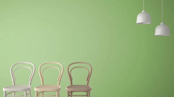 Conceito Designer Arquiteto Minimalista Com Três Cadeiras Madeira Clássicas Lâmpadas — Fotografia de Stock