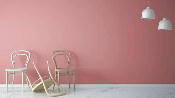Minimalist architect designer concept with three classic wooden chairs, one chair turned over on pink background and marble floor, living room interior design with copy space
