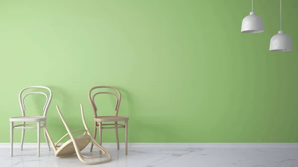 Minimalist architect designer concept with three classic wooden chairs, one chair turned over on green background and marble floor, living room interior design with copy space