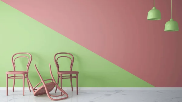 Minimalist architect designer concept with three classic colored chairs, one chair turned violet on pink and green background and marble floor, living room interior design with copy space