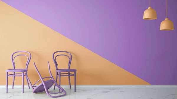 Minimalist architect designer concept with three classic colored chairs, one chair turned violet on orange and violet background and marble floor, living room interior design with copy space