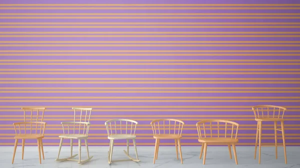 Set of modern scandinavian classic and rocky chairs in contemporary empty interior with marble floor, architect designer concept, orange and violet striped background with design copy space